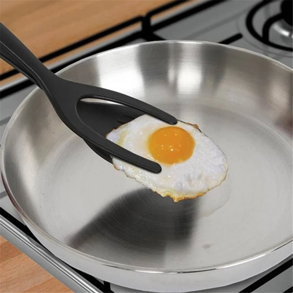 2-in-1 Clip Flip Spatula Fried Egg Steak Tongs Pancake Omelet Clamp Cooking Tongs Kitchen Tool (No FDA, BPA-free) - Black - 4
