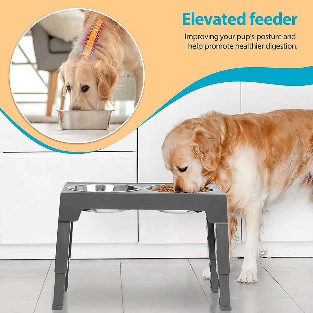Pet Dog Puppy Bowl Raised 4 Adjustable Heights Stainless Steel Bowl + ABS Rack Holder Stand (BPA-Free, No Certified) - Grey - 4