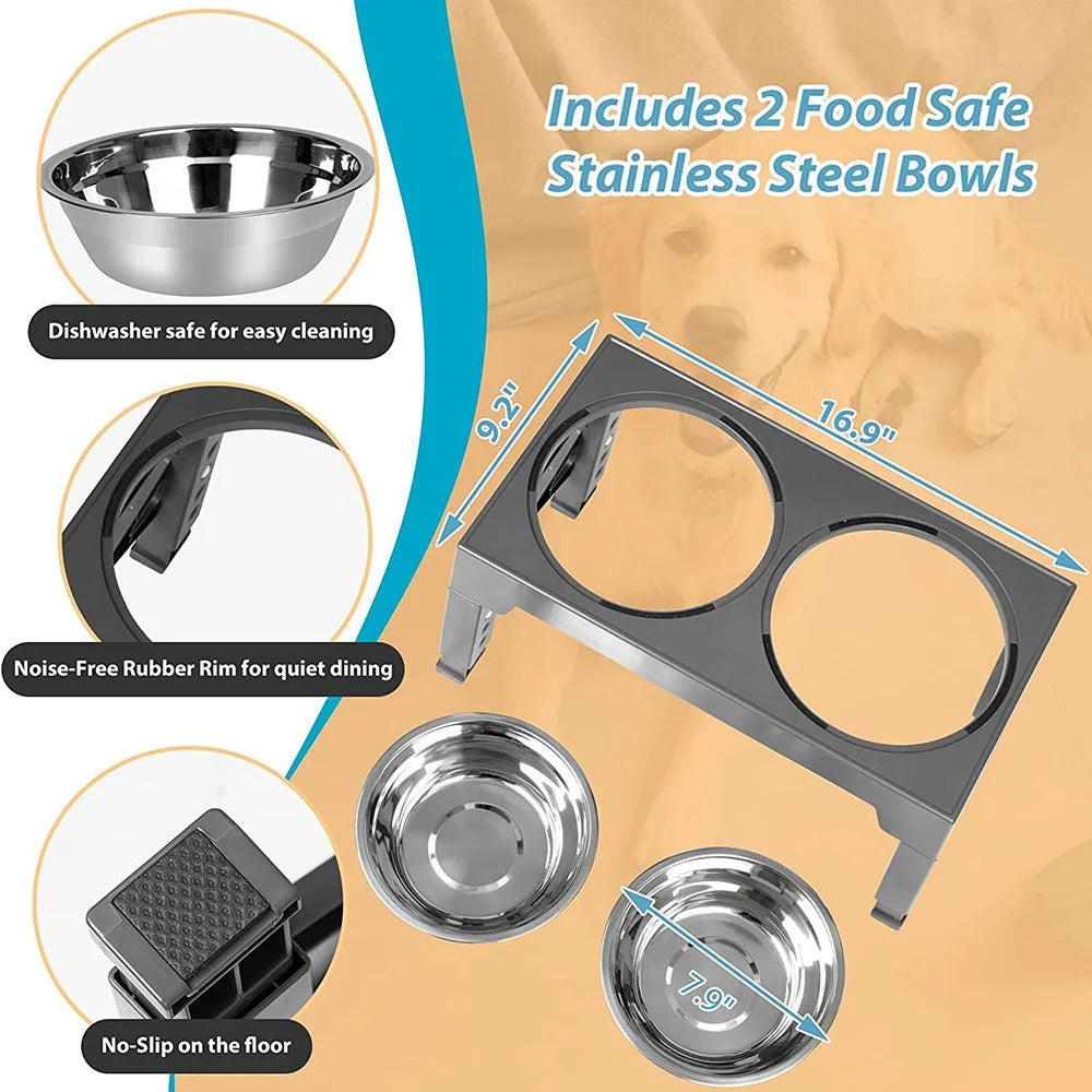 Pet Dog Puppy Bowl Raised 4 Adjustable Heights Stainless Steel Bowl + ABS Rack Holder Stand (BPA-Free, No Certified) - Grey - 7