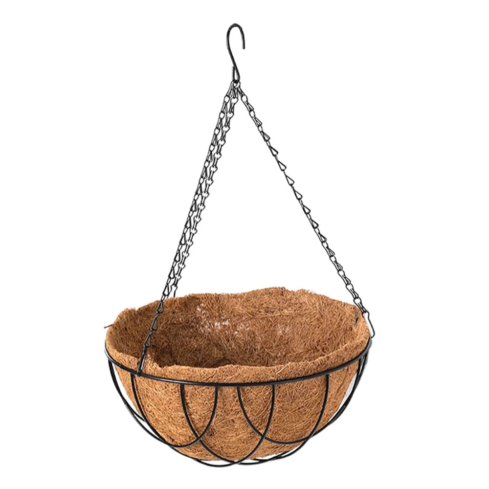 001-YZ01 14-inch Iron Art Garden Hanging Flower Pot Basket with Coir Liner (Semi-circular Mesh Shape) - 1