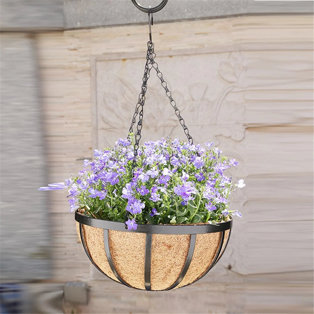 001-YZ01 14-inch Metal Chain Hanging Planter Basket Coir Liner Flower Pot (Round Shape) - 2