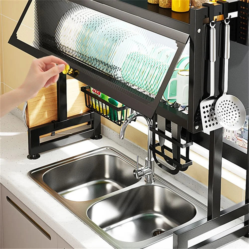 006-SCJ-6838C-105 Over Sink Dish Drying Rack 2 Tier Kitchen Counter Bowls Plates Holder with Door - Black - 7