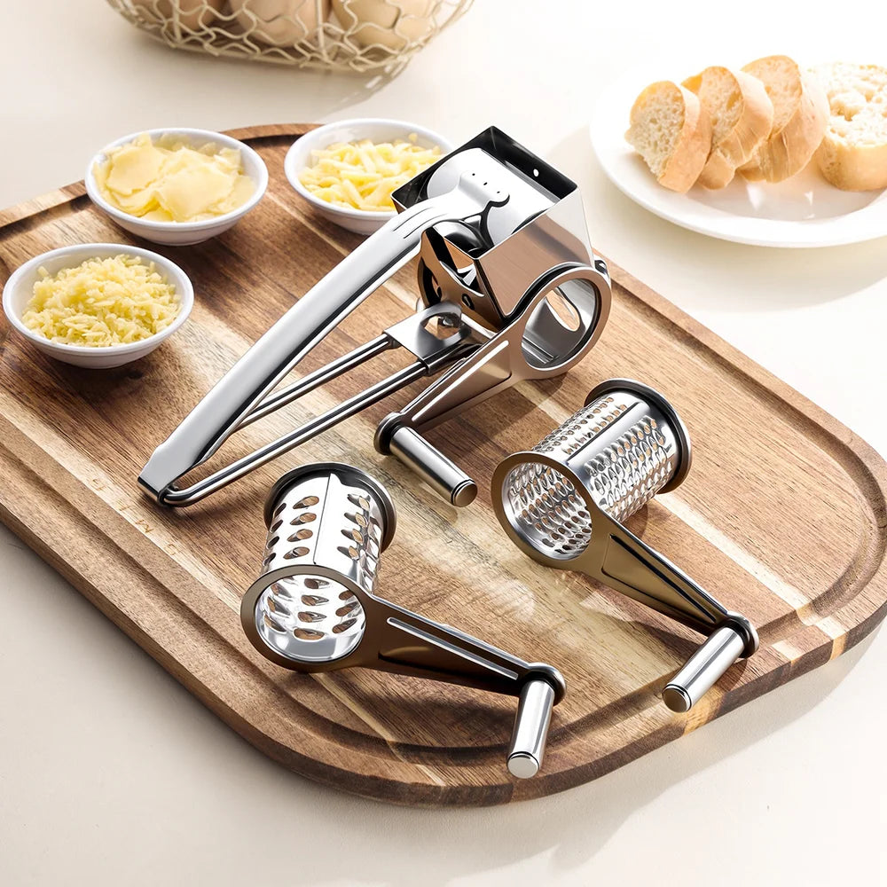 3 in 1 Stainless Steel Cheese Grater Hand Crank Rotary Grater with 3 Blades for Kitchen (FCM Tested) - Silver - 4