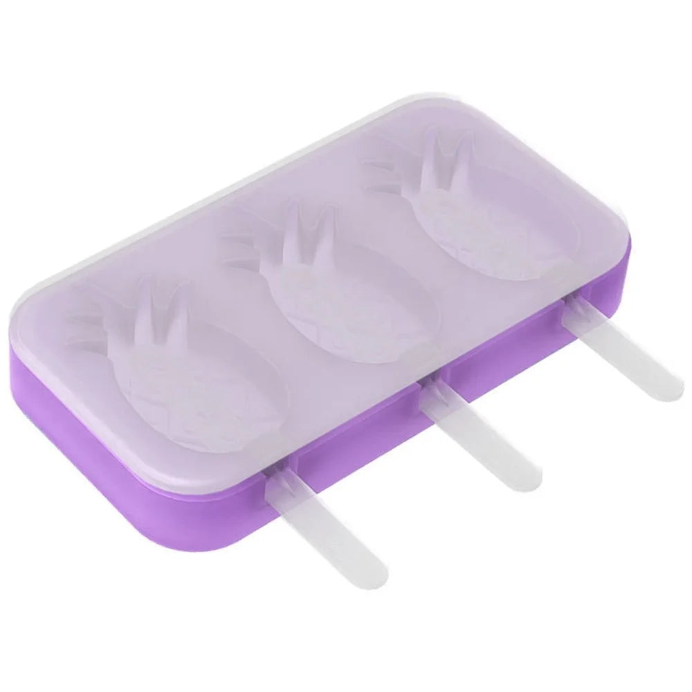 Silicone Ice Cream Popsicle Molds 3-Cavity Fruit-Shaped DIY Frozen Treats Maker with Lid (No FDA, BPA Free) - Pineapple / Purple - 1