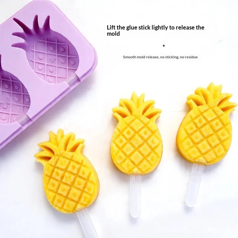 Silicone Ice Cream Popsicle Molds 3-Cavity Fruit-Shaped DIY Frozen Treats Maker with Lid (No FDA, BPA Free) - Pineapple / Purple - 2