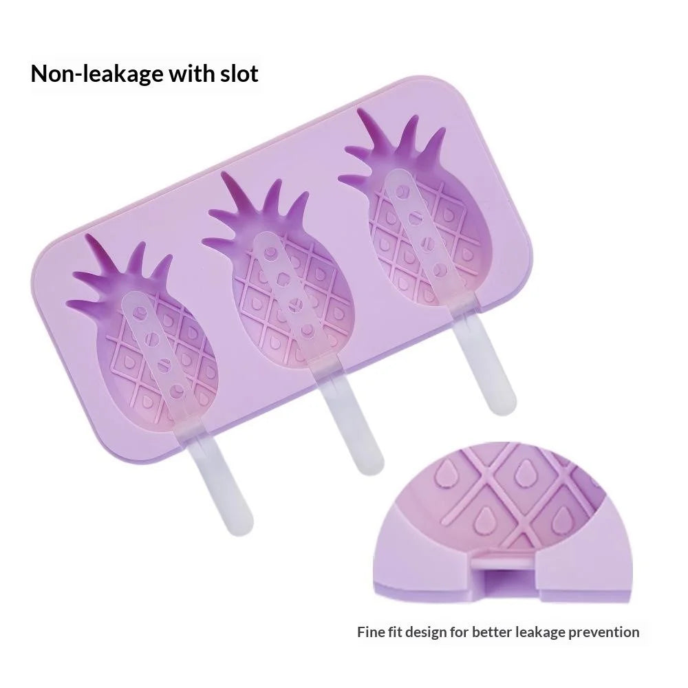 Silicone Ice Cream Popsicle Molds 3-Cavity Fruit-Shaped DIY Frozen Treats Maker with Lid (No FDA, BPA Free) - Pineapple / Purple - 3