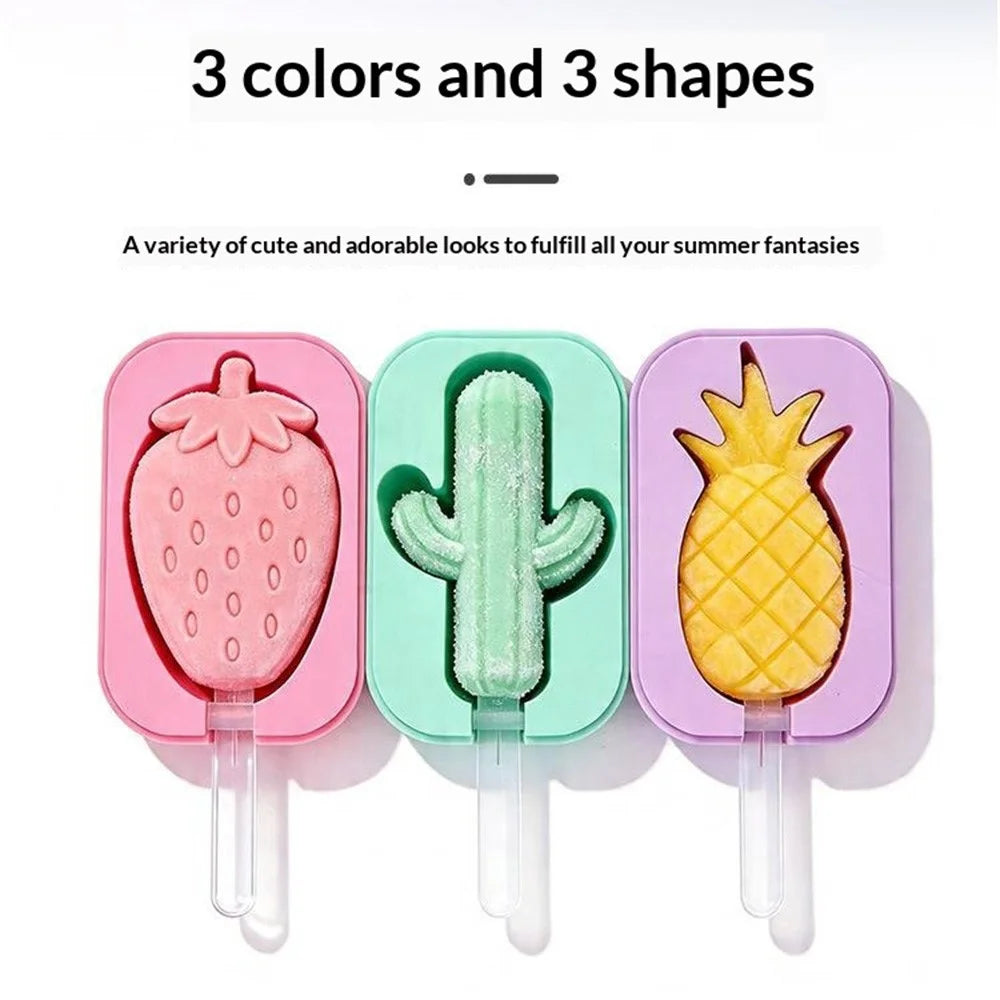 Silicone Ice Cream Popsicle Molds 3-Cavity Fruit-Shaped DIY Frozen Treats Maker with Lid (No FDA, BPA Free) - Pineapple / Purple - 7