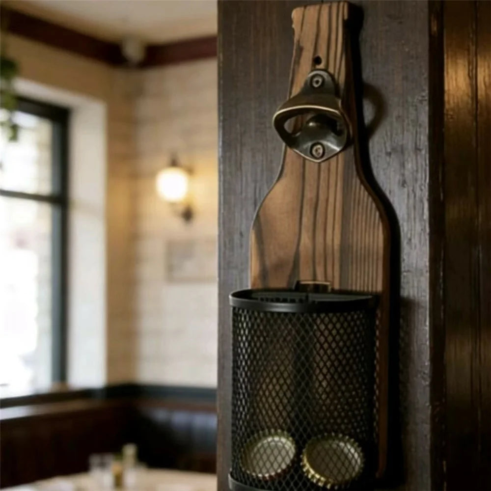 Wall Mounted Wood Beer Bottle Opener with Metal Cap Catcher Basket Vintage Style Bottle Lid Opener - 7