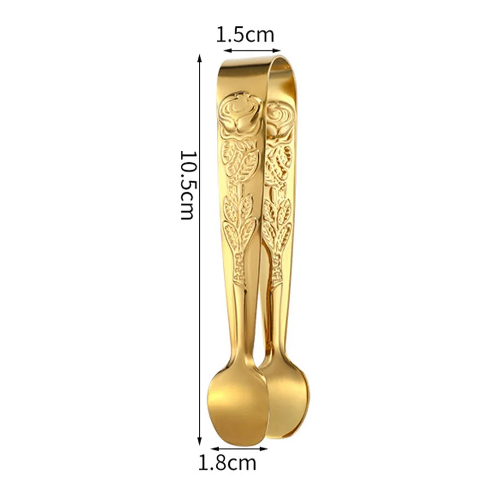 304 Stainless Steel Rose Pattern Mini Food Tongs Ice Cube Clip (BPA Free, No FDA) - Gold - 7