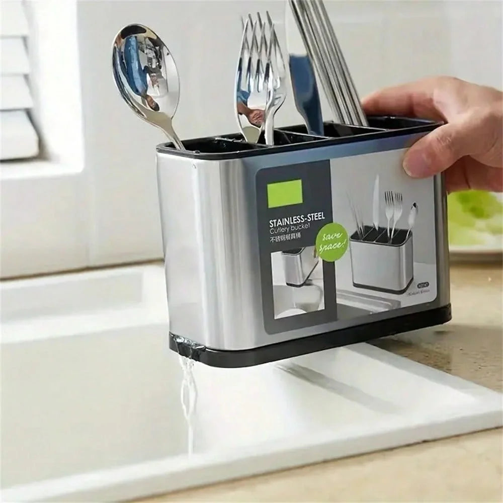 Stainless Steel Shell Kitchen Utensil Holder 4 Grids Cutlery Organizer Non Slip Drainage Bucket - 5