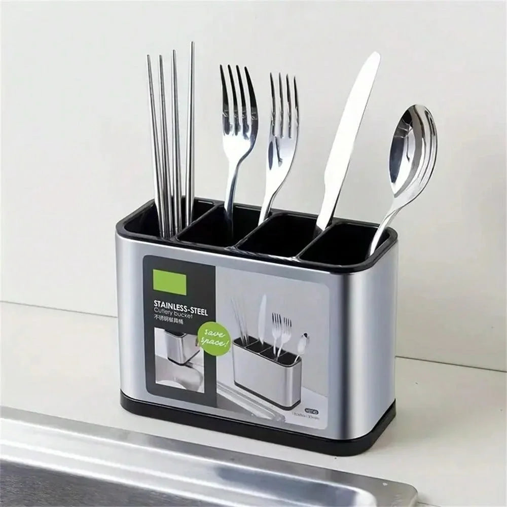 Stainless Steel Shell Kitchen Utensil Holder 4 Grids Cutlery Organizer Non Slip Drainage Bucket - 6