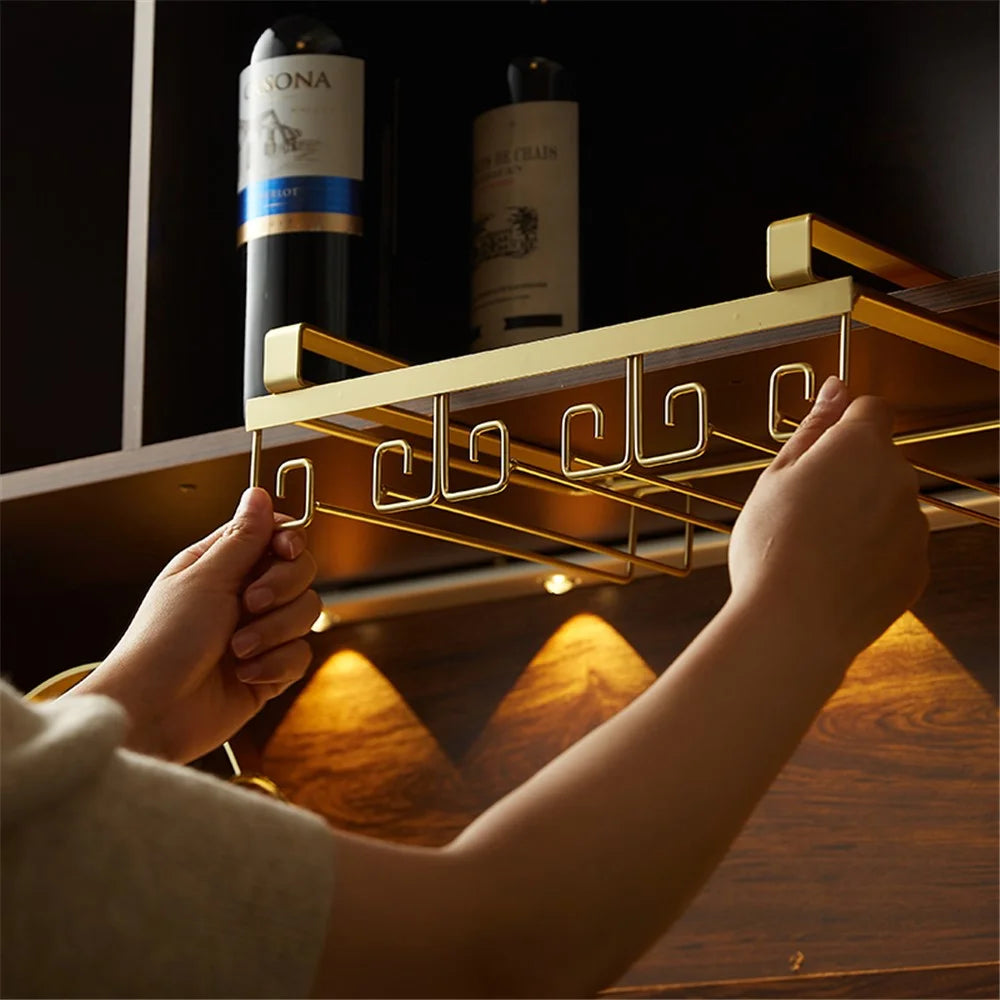 002C066-4 Punching-Free Glass Cup Rack Under Cabinet Stemware 8 Wine Glass Holder Hanger - Gold - 2