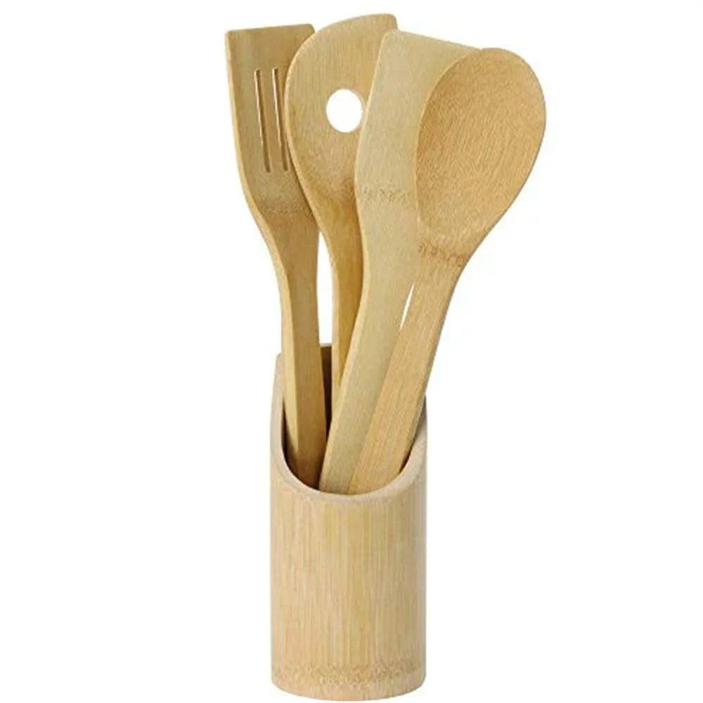 4Pcs Bamboo Cooking Utensil with Storage Container Kitchen Tools Set (BPA Free, No FDA) - 1