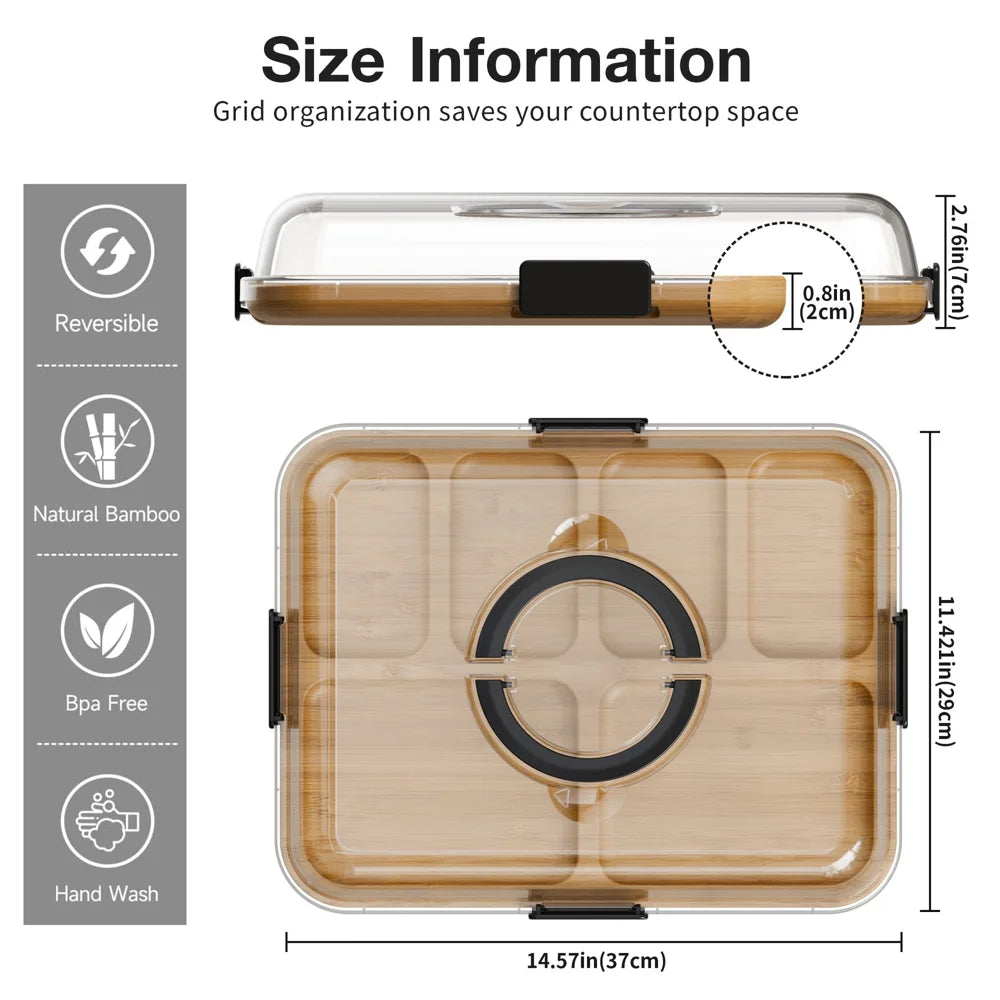 Multifunctional Fruit Tray with Lid 6 Compartments Bamboo Serving Platter for Outdoor Camping Picnic (BPA Free, No FDA) - Natural Color - 6
