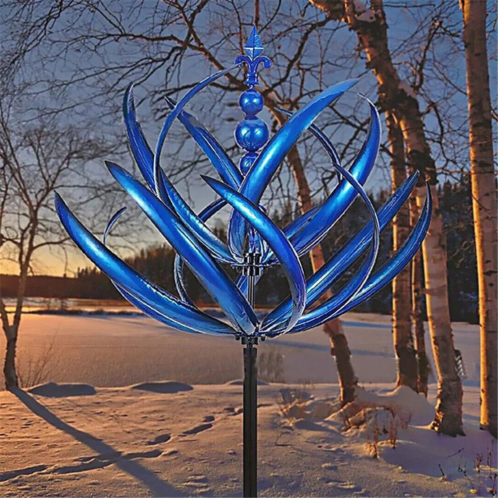 Metal Garden Wind Spinner Outdoor Yard Art Kinetic Sculpture Halow Twirler Iron Windmill with Ground Stake - Blue - 6