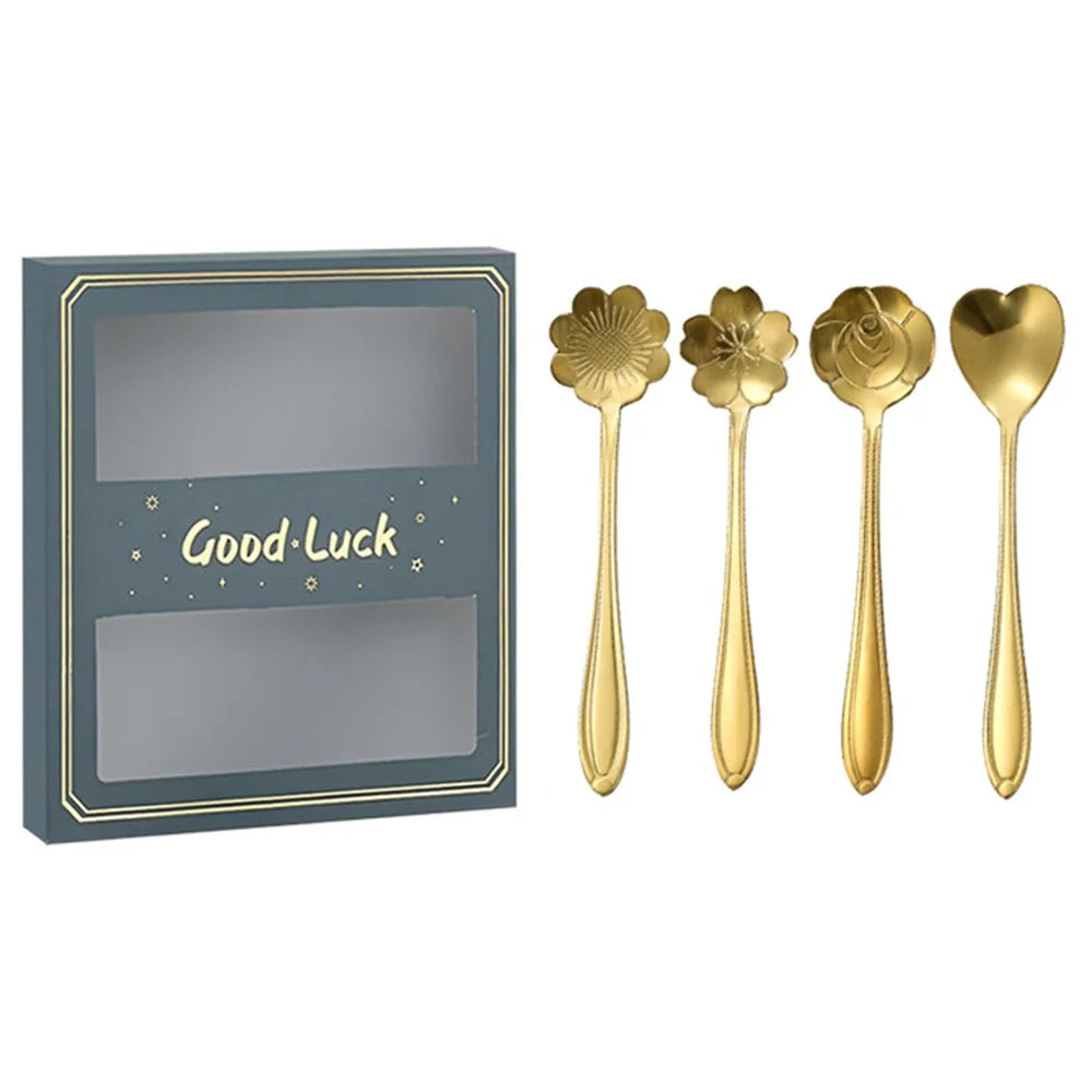 4PCS / Set 12.4-12.6cm Stainless Steel Flower Shape Spoons Coffee Mixing Ice Cream Dessert Spoons - Green / Gold - 1