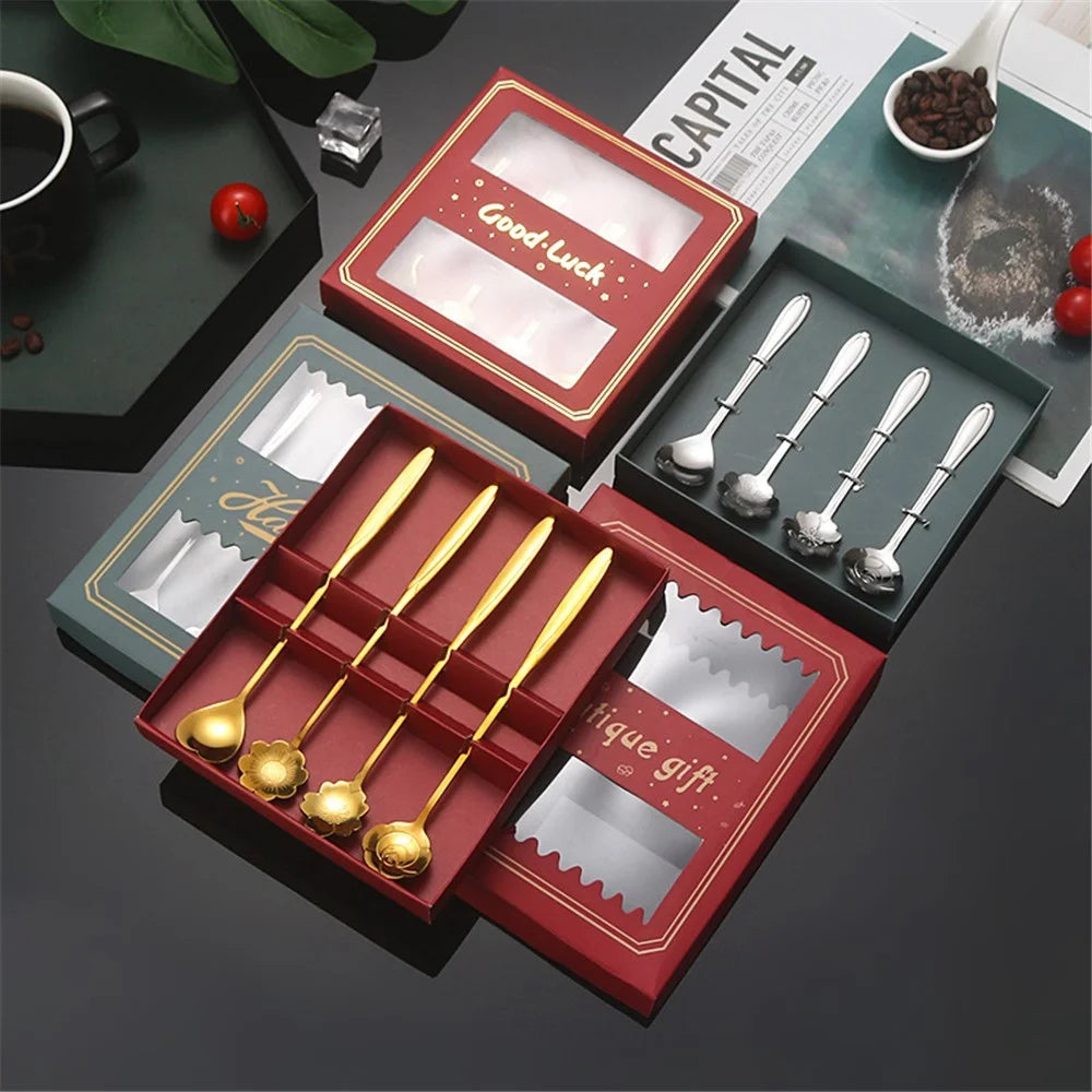 4PCS / Set 12.4-12.6cm Stainless Steel Flower Shape Spoons Coffee Mixing Ice Cream Dessert Spoons - Green / Gold - 7