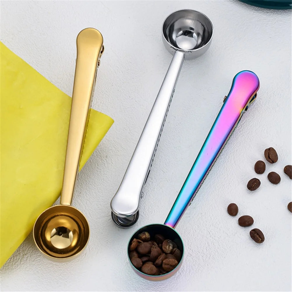 2-in-1 Stainless Steel Measuring Spoon Coffee Bean Bag Clip (BPA Free, No FDA) - Silver - 2