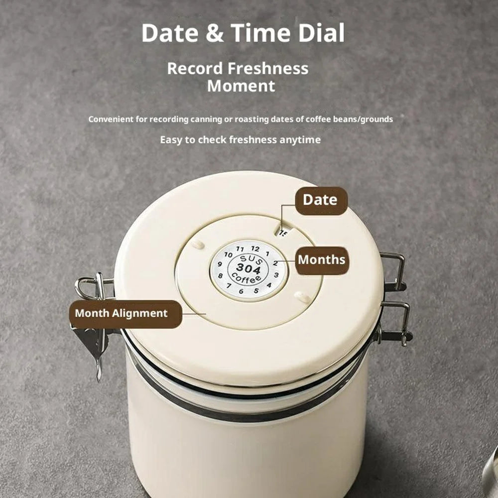 304 Stainless Steel Coffee Canister 1.5L Food Storage Container with Date Tracker, Scoop for Coffee, Beans - White - 2