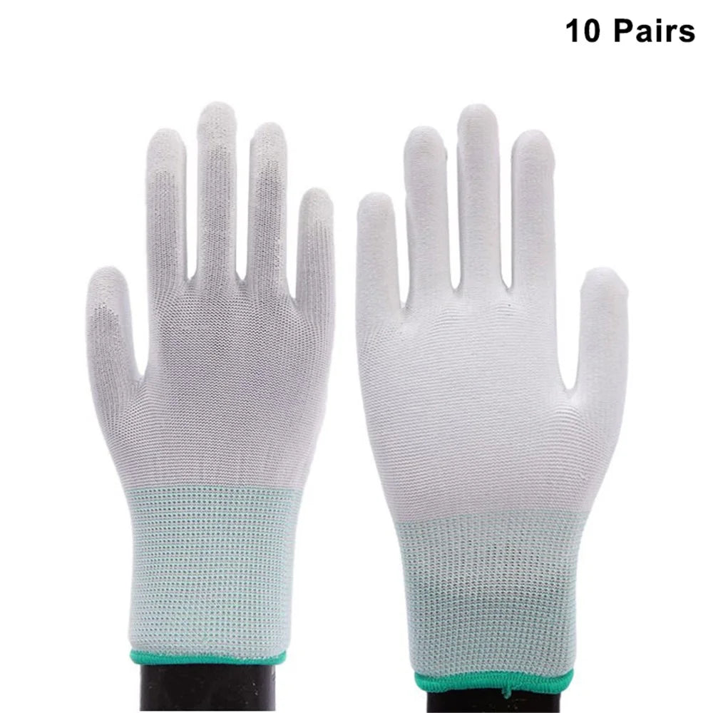 10 Pairs / Bag PU+Nylon Gloves Breathable Labor Protection Gloves, Size M - White+Green - 1