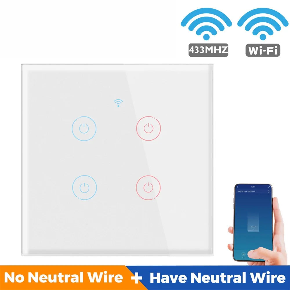SMATRUL TMW401 EU Plug Tuya WiFi 433MHZ Wireless Touch Wall Switch for Google Home Alexa, 4 Gang WiFi - White - 2