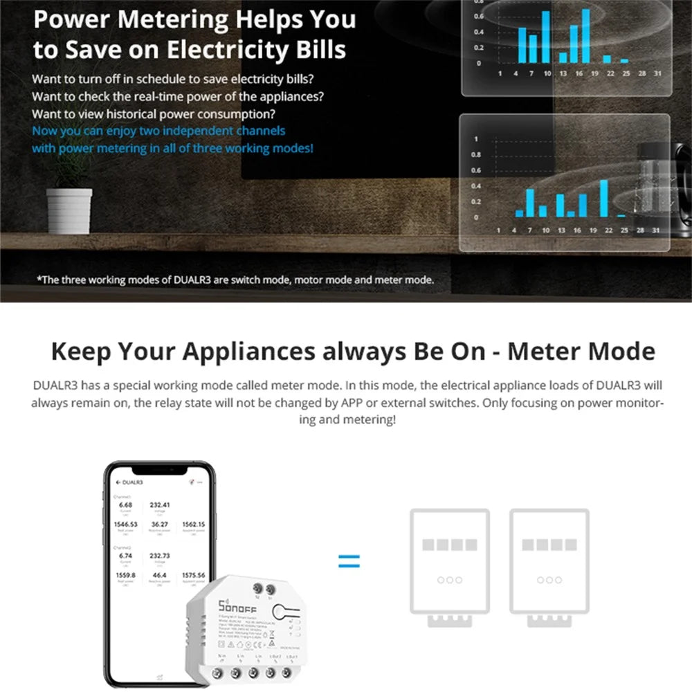 SONOFF DUALR3 2 Gang WiFi Smart Light Switch 2 Way DIY Breaker Module Remote Control with Power Meter - 3