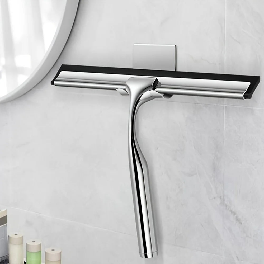 Stainless Steel Bathroom Glass Water Scraper Home Window Wiper Squeegee with Adhesive Hang Rack - 5