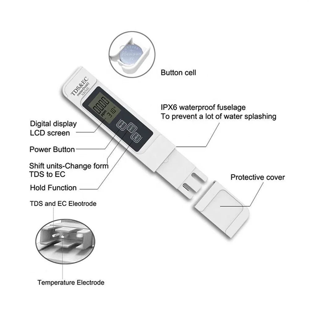 3-in-1 Water Quality Detector Digital LCD TDS EC Meter Pen Temperature Tester with Backlit - White - 5