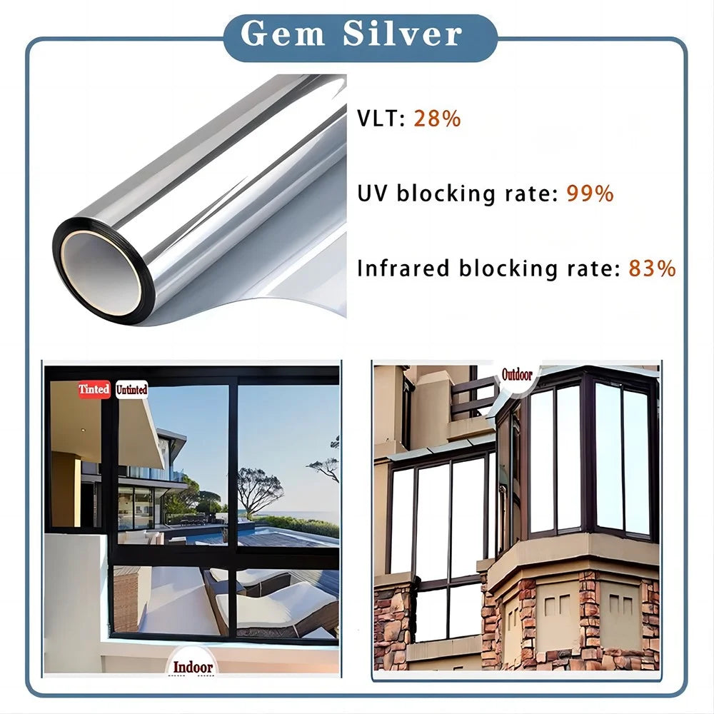 50 x 300cm Window Privacy Film Office Home Balcony One Way UV Blocking Static Cling Glass Film - Silver - 5