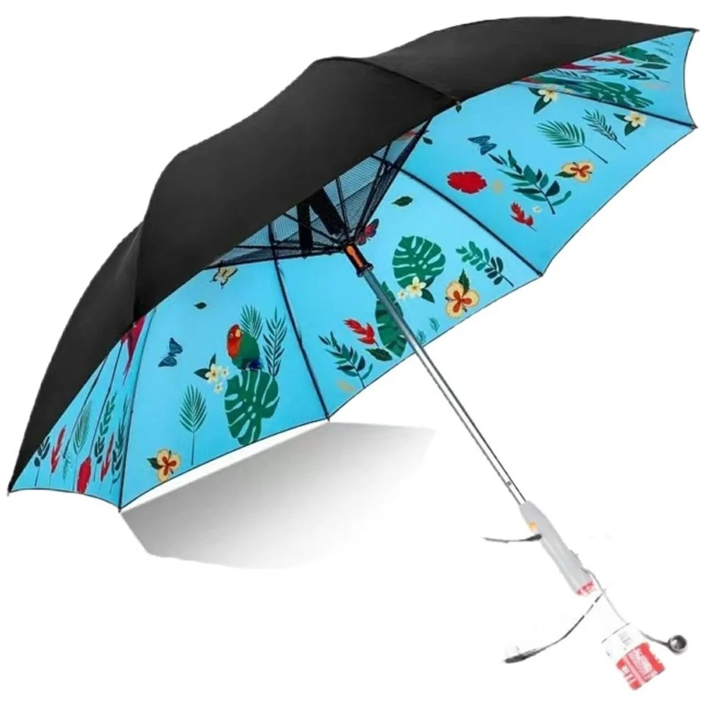 Umbrella with Fan and Mist Spray UV Protection Sun Shade USB Rechargeable Umbrella for Summer Heat Relief - Bird - 1