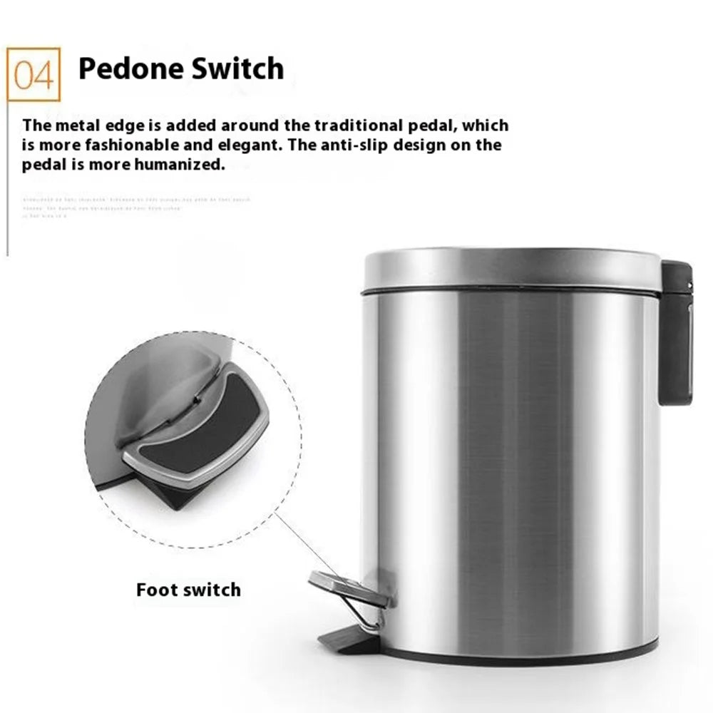 12L Round Stainless Steel Garbage Can Home Hotel Office Stylish Waste Container with Pedal - Steel Color - 6