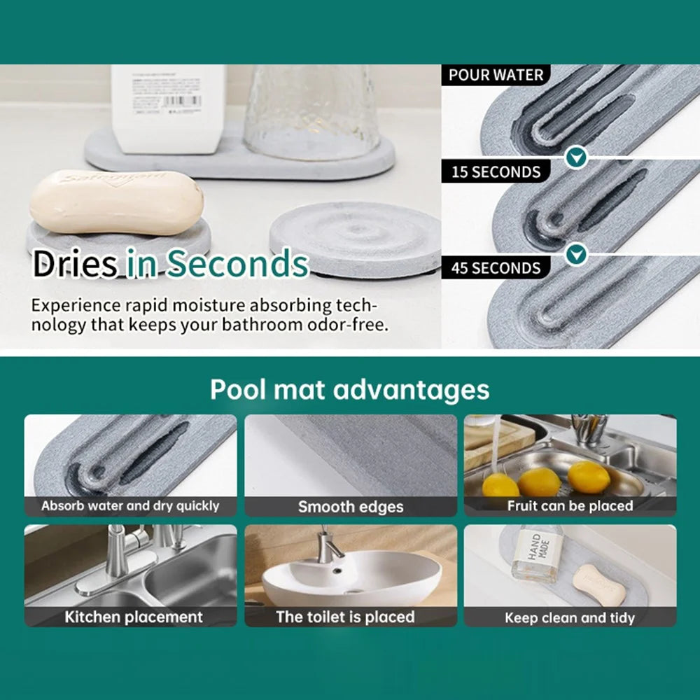 3PCS Bathroom Countertop Absorbent Mat Diatom Mud Kitchen Faucet Quick Dry Pad Drying Stone Tray - Dark Grey - 5