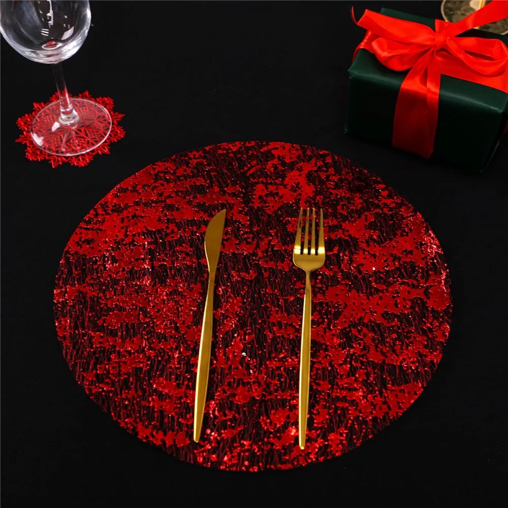 6Pcs Hot Stamping Mesh Placemats Round Table Mats Wedding Holiday Banquet Decoration - Red - 2