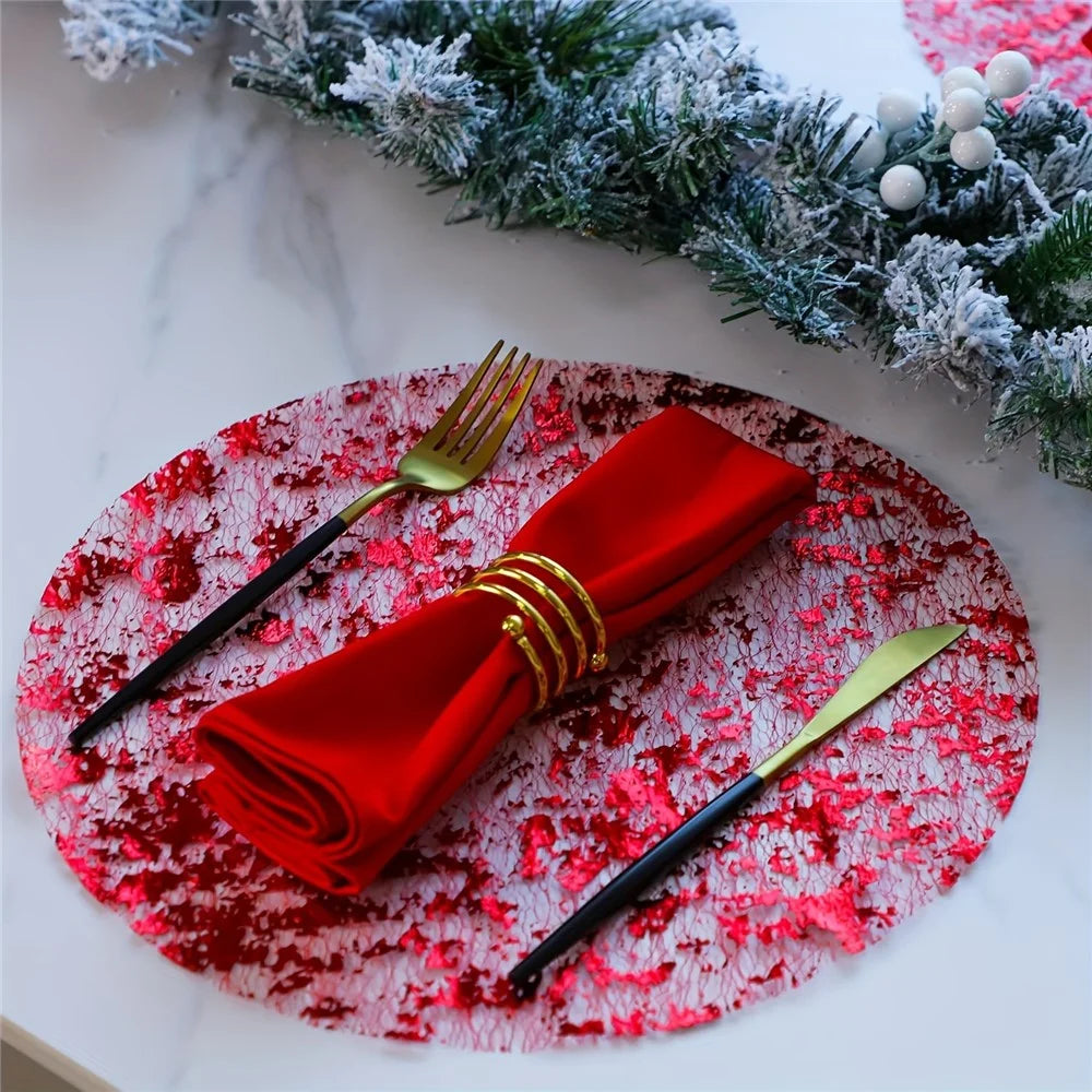 6Pcs Hot Stamping Mesh Placemats Round Table Mats Wedding Holiday Banquet Decoration - Red - 3