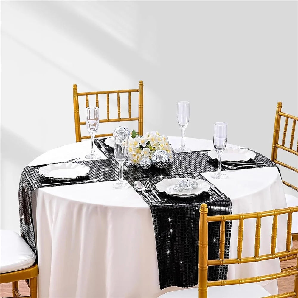 30x120cm Disco Mirror Sequin Plaid Table Runner European Wedding Party New Year Decor Tablet Flag - Black - 2