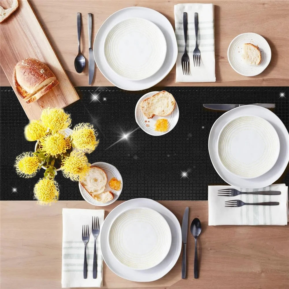 30x120cm Disco Mirror Sequin Plaid Table Runner European Wedding Party New Year Decor Tablet Flag - Black - 3