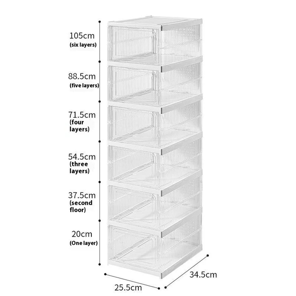 6 Layer No Installation Foldable Shoe Box Transparent Plastic Stackable Storage Container - Transparent - 7