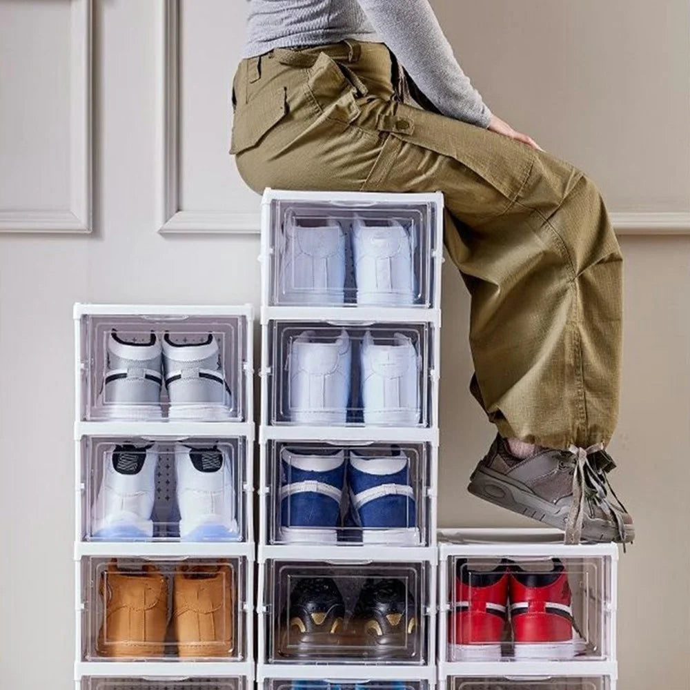 6 Layer No Installation Foldable Shoe Box Transparent Door Plastic Stackable Storage Container - White - 3