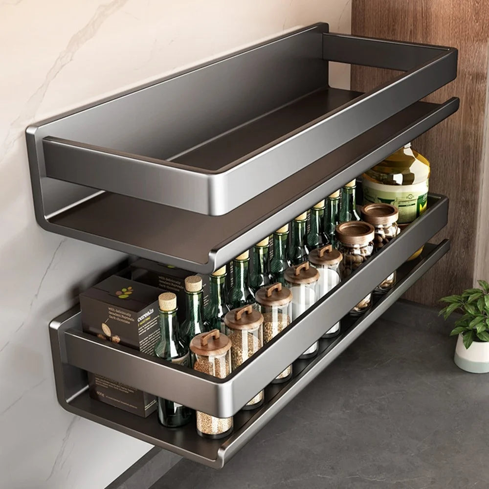 60cm Carbon Steel Kitchen Spice Rack Wall Mounted No Drilling Seasoning Bottle Storage Shelf - 2