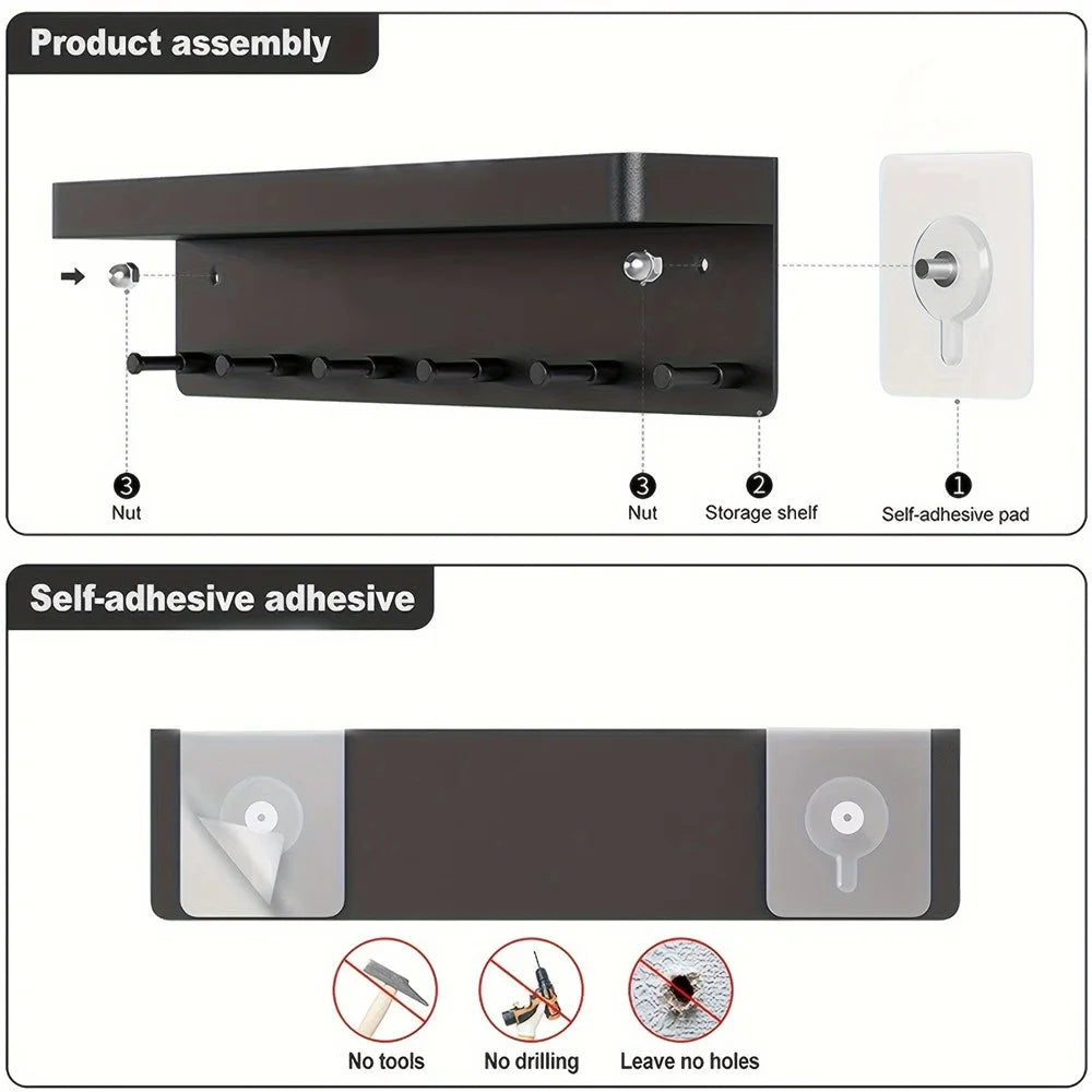 No Drill Key Organizer Rack Plastic Kitchen Bathroom Home Storage Shelf Door Back Hook Small Item Holder - Black - 3