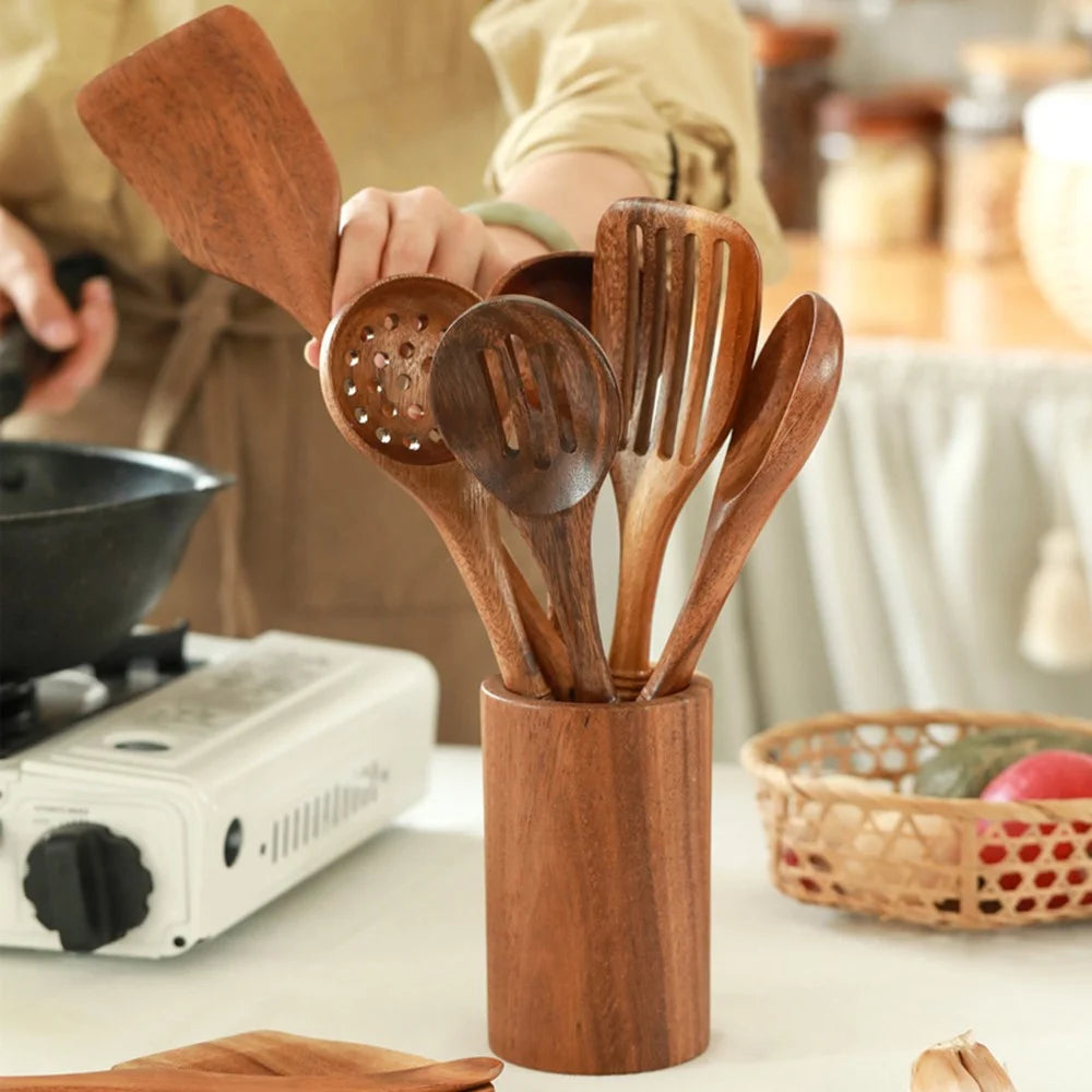 8Pcs / Set Acacia Wood Kitchen Utensil Soup Spoon Spatula Skimmer Spoon Salad Fork Cooking Tools (BPA Free, No FDA) - 6