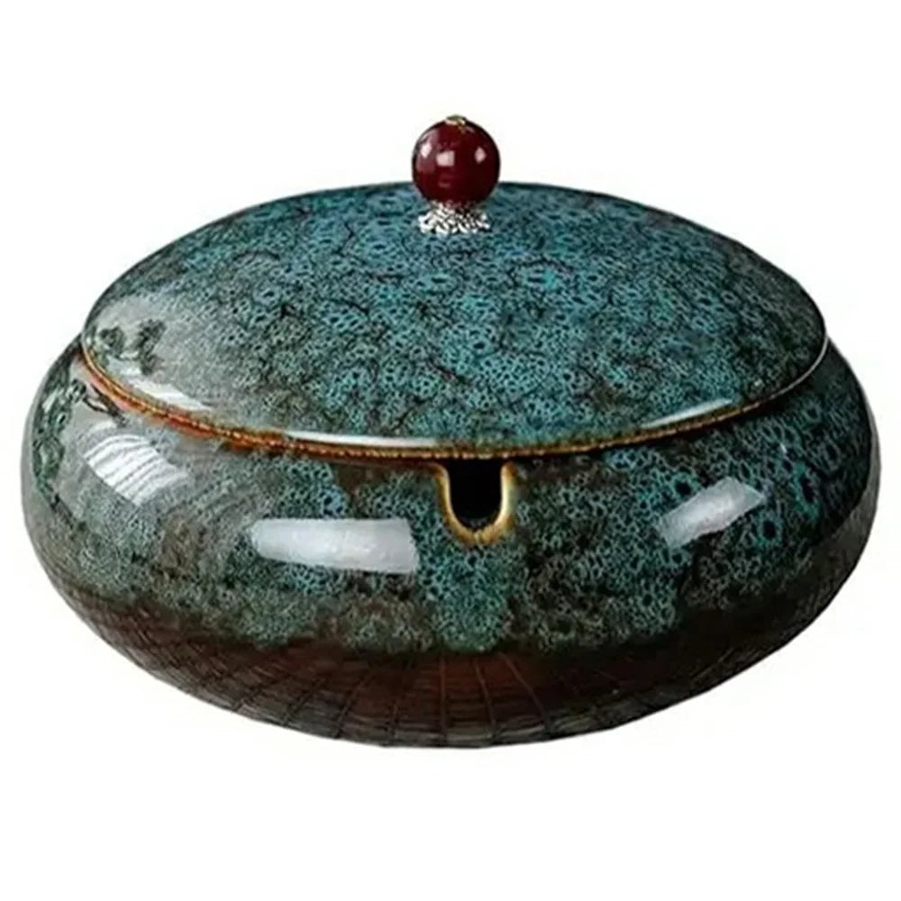 Ceramic Ashtray with Lid Three Grooves Creative Stylish Indoor Curved Smokeless Design Ashtray Kiln Blue - 1