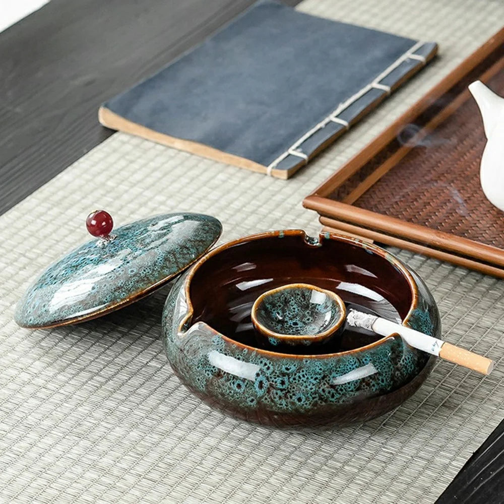 Ceramic Ashtray with Lid Three Grooves Creative Stylish Indoor Curved Smokeless Design Ashtray Kiln Blue - 2