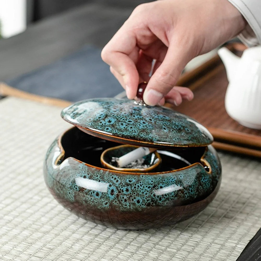 Ceramic Ashtray with Lid Three Grooves Creative Stylish Indoor Curved Smokeless Design Ashtray Kiln Blue - 3