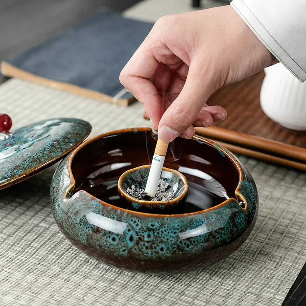Ceramic Ashtray with Lid Three Grooves Creative Stylish Indoor Curved Smokeless Design Ashtray Kiln Blue - 4