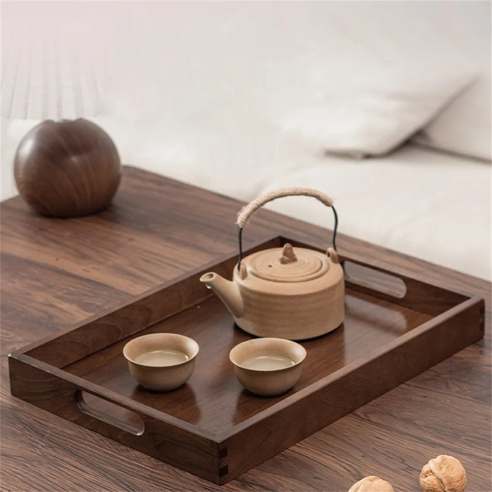 37 x 26 x 4cm Walnut Wood Serving Tray for Tea Coffee Fruit Rectangle Platter with Handles - 3