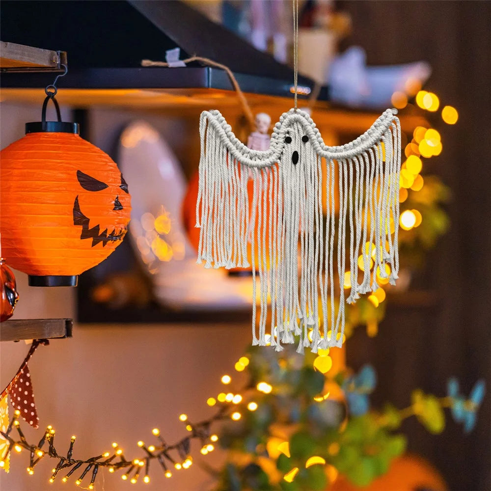 Halloween Handmade Woven White Ghost Tapestry Spooky Holiday Wall Hanging Decoration, Size S - 5
