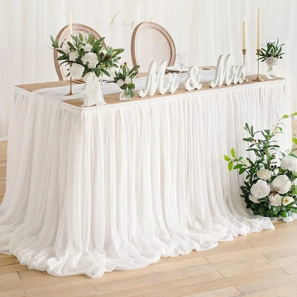 9ft Rectangle Table Skirt Polyester Ruffle Tulle Table Skirt for Wedding Bridal Birthday (75x275cm) - White - 2