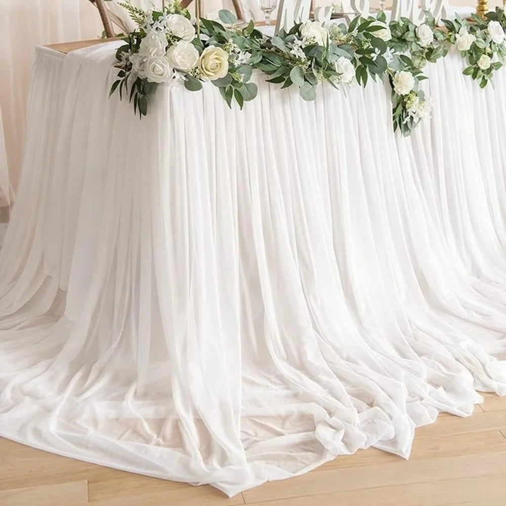 9ft Rectangle Table Skirt Polyester Ruffle Tulle Table Skirt for Wedding Bridal Birthday (75x275cm) - White - 3
