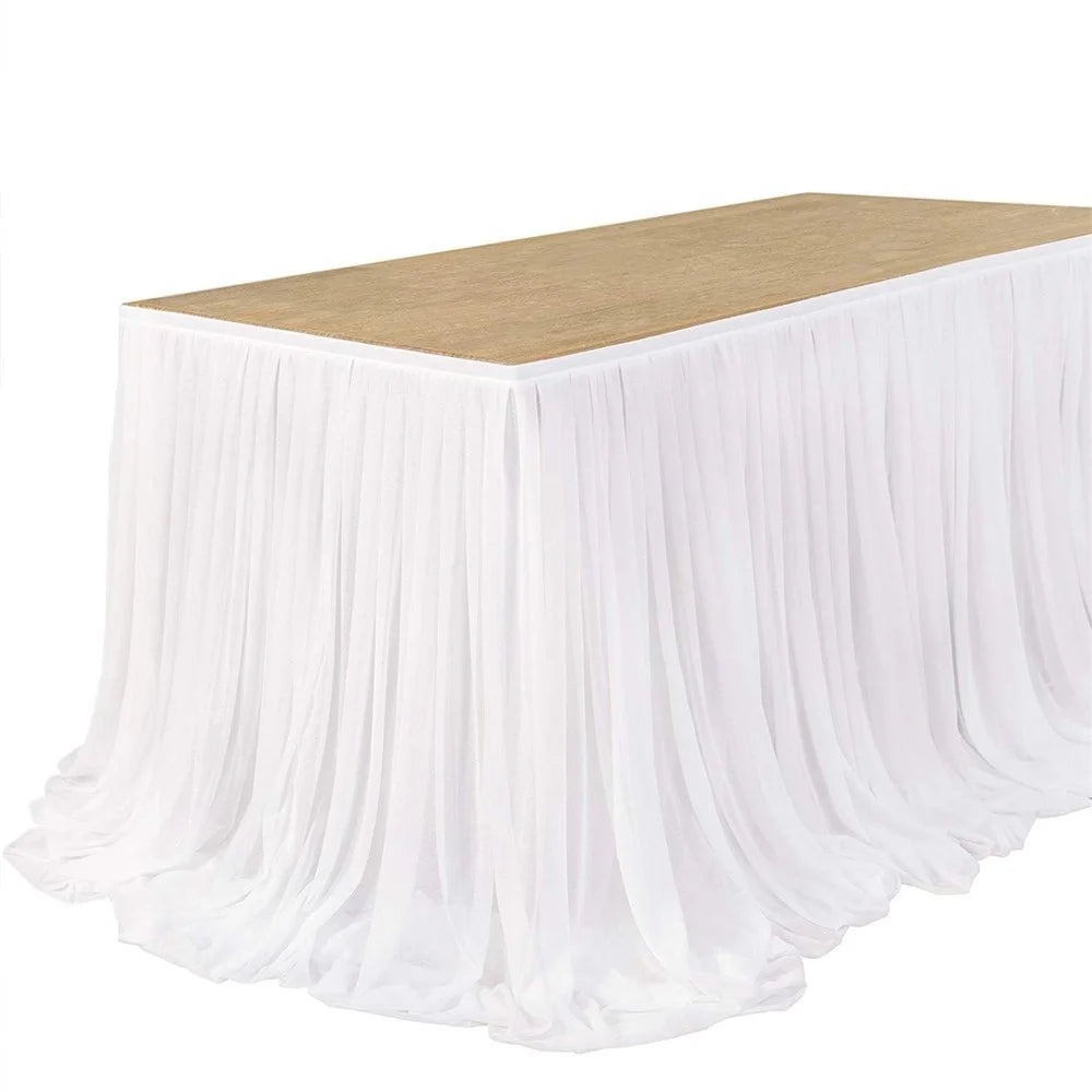 6ft Rectangle Table Skirt Polyester Ruffle Tulle Table Skirt for Wedding Bridal Birthday (75x183cm) - White - 4